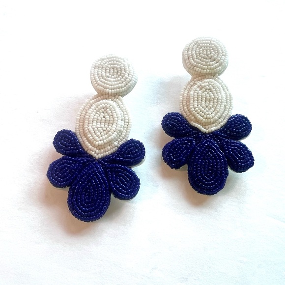 J. Crew Jewelry - J. Crew Blue and Cream Beaded statement Earrings floral design handmade nwt